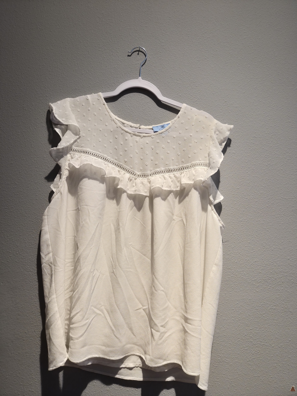 CeCe Cream Textured Dot Blouse with Lace Trim